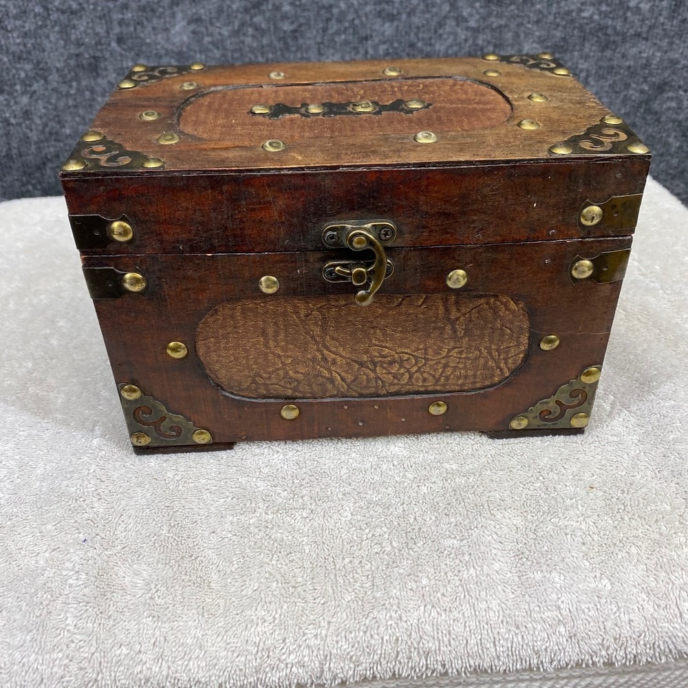 Vintage Wooden Treasure Chest Keepsake Box Brass Studded Dark Wood Storage Latch